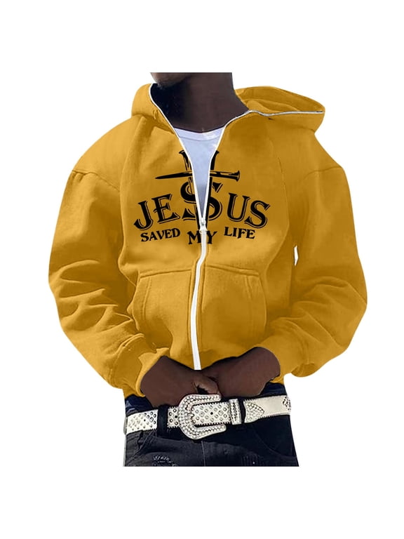 Mens Casual Hoodies Zip Up Long Sleeve Pullover Hoodie for Men Letter Graphic Y2K Hooded Sweatshirts with Pocket