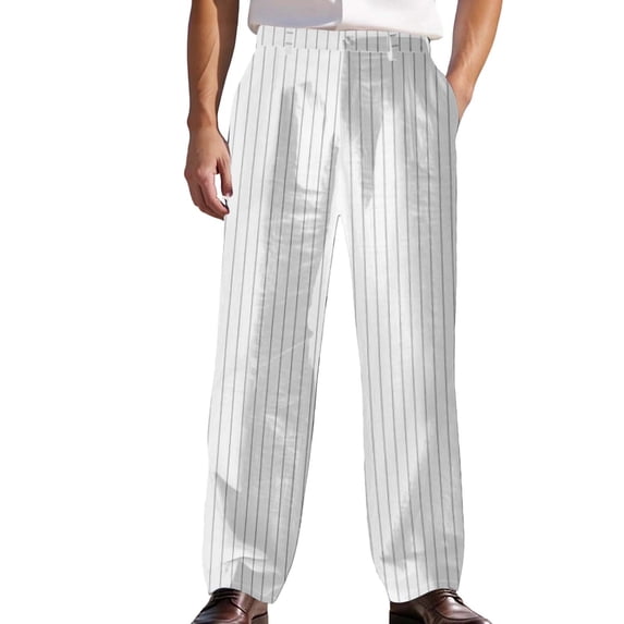 CONZONE Mens Casual Suit Pants Wide Leg Dress Pants for Men Trendy Buttons Striped Casual Formal Business Pant With Pockets