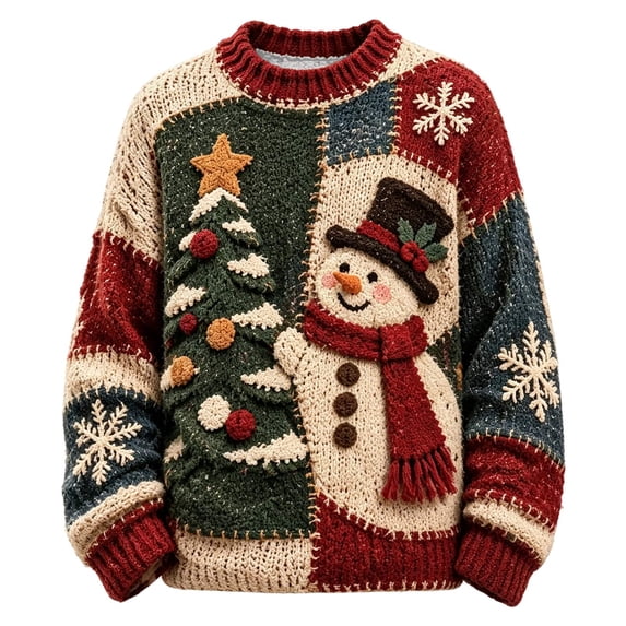 CONZONE Mens Christmas Sweaters Funny Snowman Embroidery Long Sleeve Knit Sweatshirt Crewneck Warm Fall Winter Pullover Knitwear