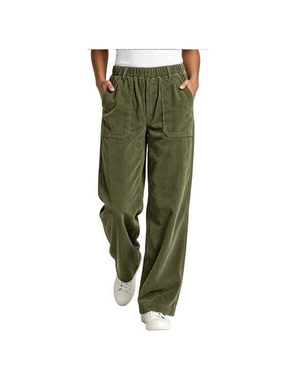Mens Corduroy Pants Wide Leg Baggy Pants Elastic Waist Ribbed Fashion Fall Winter Jogger Trousers with Pocket