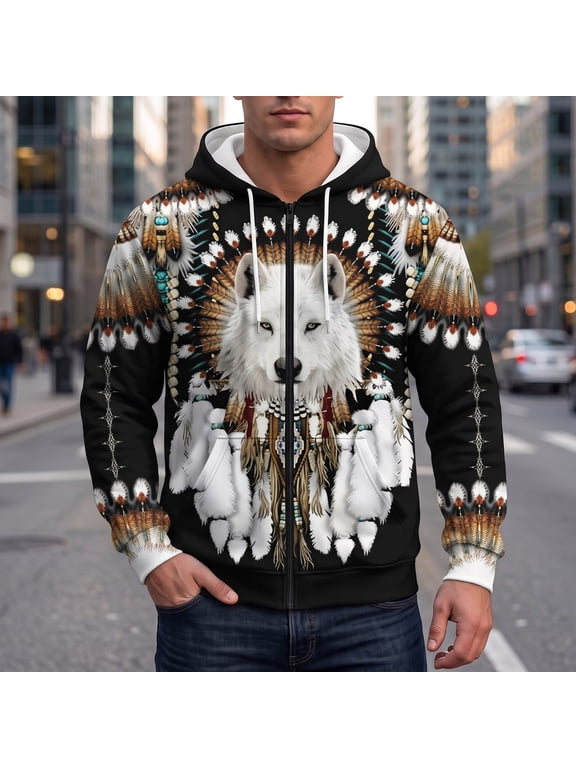 Mens Fleece Hoodies Zip Up Long Sleeve Hoodie for Men Wolf Graphic Y2K Streetwear Hooded Sweatshirts with Pocket
