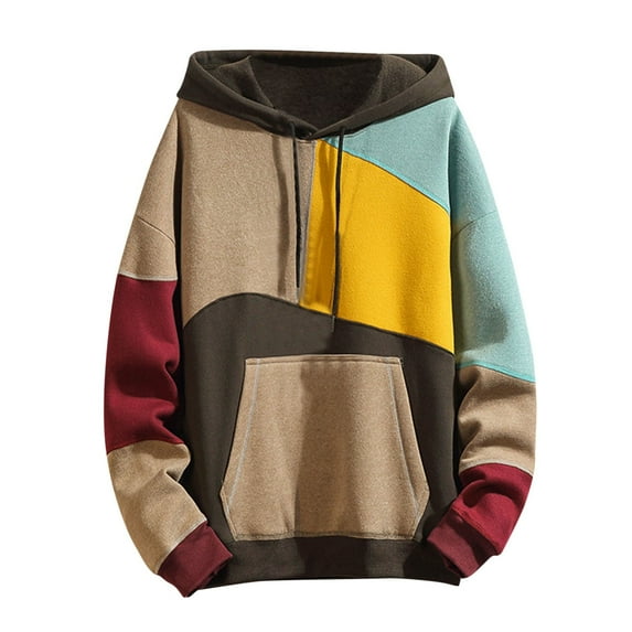 CONZONE Mens Hoodies Patchwork Color Hoodie for Men Long Sleeve Pullover Hooded Sweatshirt Soft Fall Winter Sweatshirts With Pocket