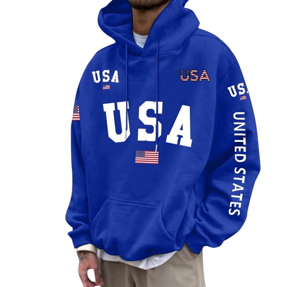 CONZONE Mens Hoodies Usa Flag Letter Graphic Lined Hoodie for Men Long Sleeve Pullover Hooded Sweatshirt Soft Fall Winter Sweatshirts With Pocket