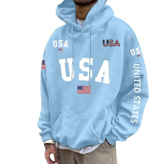 CONZONE Mens Hoodies Usa Flag Letter Graphic Lined Hoodie for Men Long Sleeve Pullover Hooded Sweatshirt Soft Fall Winter Sweatshirts With Pocket