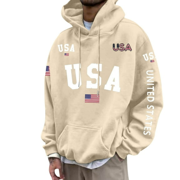 CONZONE Mens Hoodies Usa Flag Letter Graphic Lined Hoodie for Men Long Sleeve Pullover Hooded Sweatshirt Soft Fall Winter Sweatshirts With Pocket