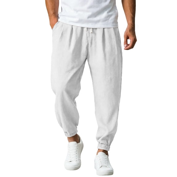 CONZONE Mens Linen Pants Tapered Leg Elastic Waist Drawstring Joggers For Men Relaxed Fit Casual Summer Trousers With Pockets