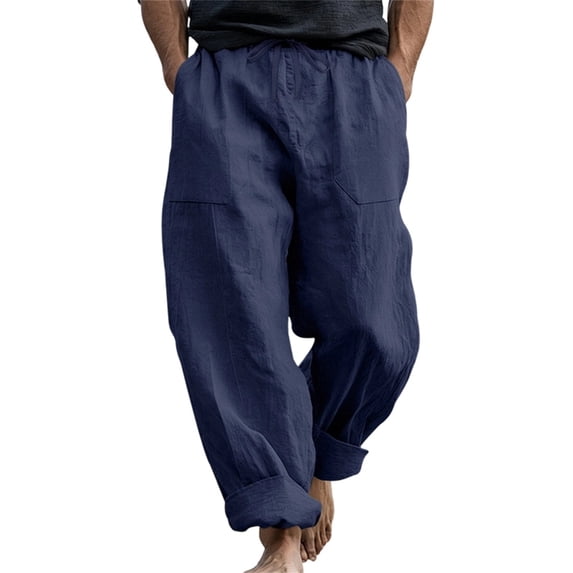CONZONE Mens Linen Pants Wide Leg Elastic Waist Drawstring Joggers For Men Baggy Casual Summer Trousers With Pockets