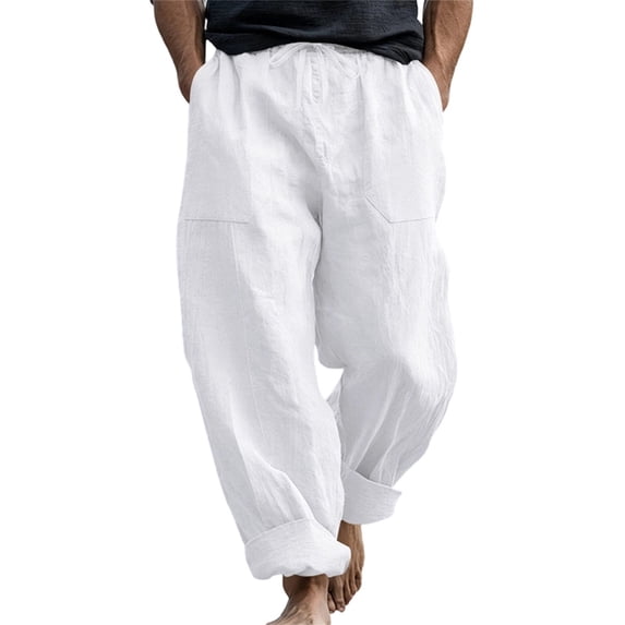 CONZONE Mens Linen Pants Wide Leg Elastic Waist Drawstring Joggers For Men Baggy Casual Summer Trousers With Pockets