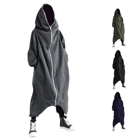 CONZONE Mens Long Hoodies Long Sleeve Zipper Hooded Sweatshirts For Men Solid Color Loose Fit Trendy Fall Winter Mens Hoodies With Pocket