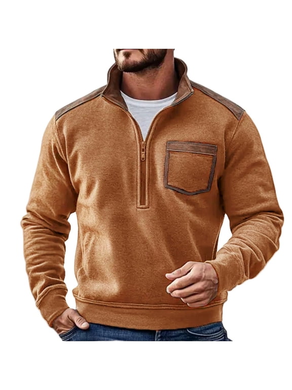 Mens Long Sleeve Sweatshirt 1/2 Zip Stand Collar Pullover Sweatshirts For Men Solid Color Retro Fall Winter Mens Hoodies With Pocket