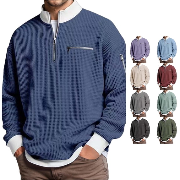 CONZONE Mens Long Sleeve Sweatshirt 1/4 Zip Stand Collar Knit Pullover Sweatshirts For Men Solid Color Cozy Fall Winter Mens Hoodies
