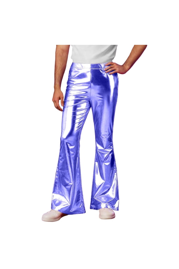 Mens Metallic Flared Pants Wide Leg Stage Performance Pants for Men Trendy Elastic Waist Shiny Funny Nightclub Joggers