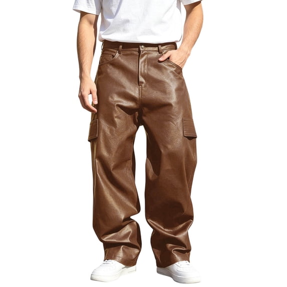 CONZONE Mens Pu Leather Pants Wide Leg Baggy Motorcycle Pants High Waist Fashion Streetwear Fall Winter Trousers with Pocket