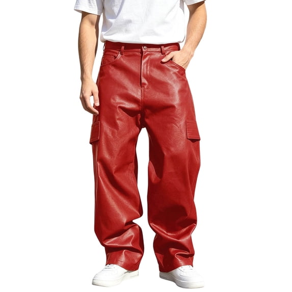 CONZONE Mens Pu Leather Pants Wide Leg Baggy Motorcycle Pants High Waist Fashion Streetwear Fall Winter Trousers with Pocket