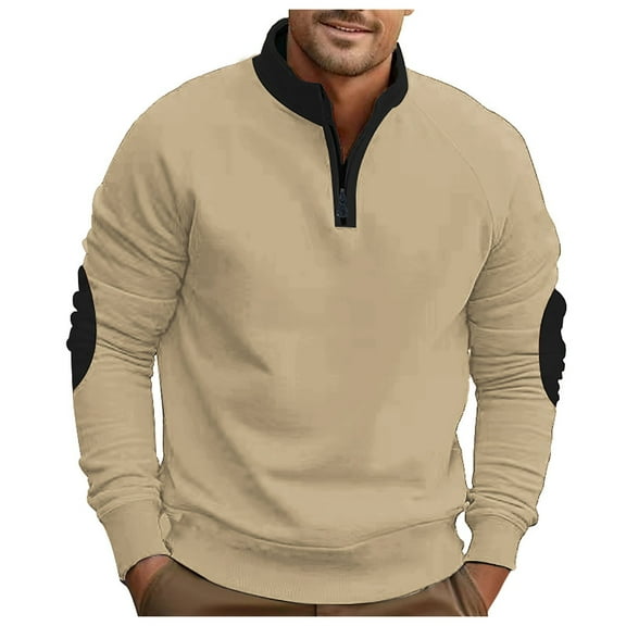 CONZONE Mens Pullover Sweatshirts Long Sleeve Sweatshirt for Men Trendy Solid Color Quarter Buttons Stand Collar Warm Hoodie Sweatshirt