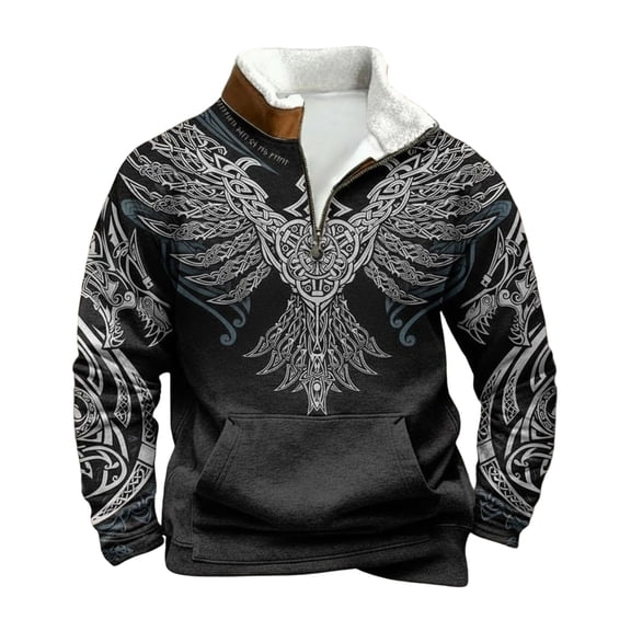 CONZONE Mens Pullover Fleece Sweatshirts Long Sleeve Sweatshirt for Men Trendy Viking Mythology Graphic Quarter Zip Warm Fall Hoodie Sweatshirt