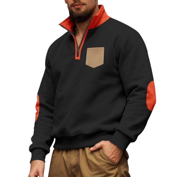 CONZONE Mens Pullover Sweatshirts Long Sleeve Sweatshirt for Men Trendy Patchwork Color Quarter Zip Warm Fall Hoodie Sweatshirt
