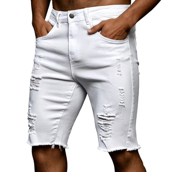 CONZONE Mens Ripped Denim Shorts Buttons Summer Shorts For Men Casual Solid Y2K Lightweight Shorts With Pockets