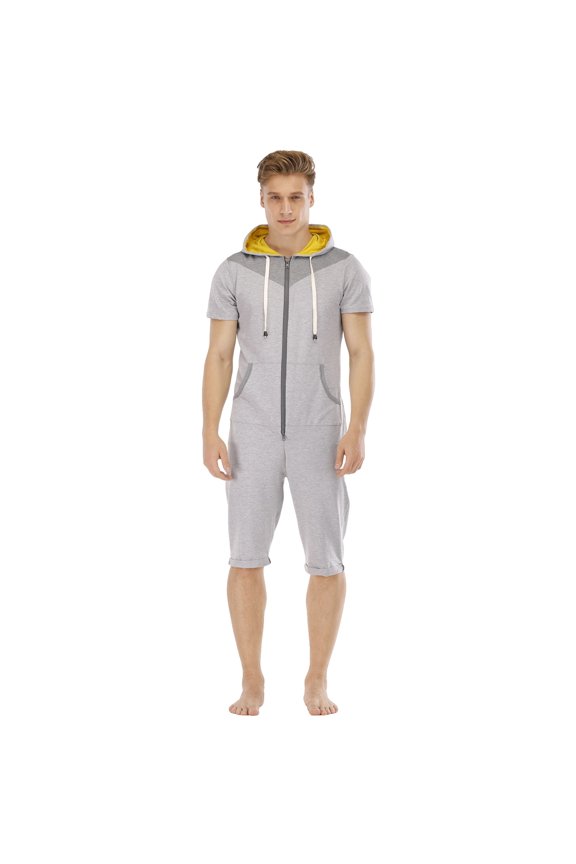 Mens Romper Short Sleeve Zip Up Short Jumpsuits Patchwork Color One Peice Bib Overalls With Pocket
