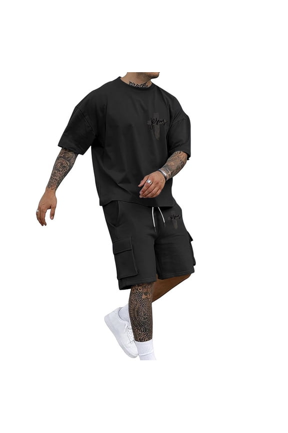 Mens Summer Track Suits 2 Peice Sweatsuit for Men Letter Graphic Y2K Short Sleeve Shirts Shorts Outifts Cozy Loose Fit Athletic Tracksuit