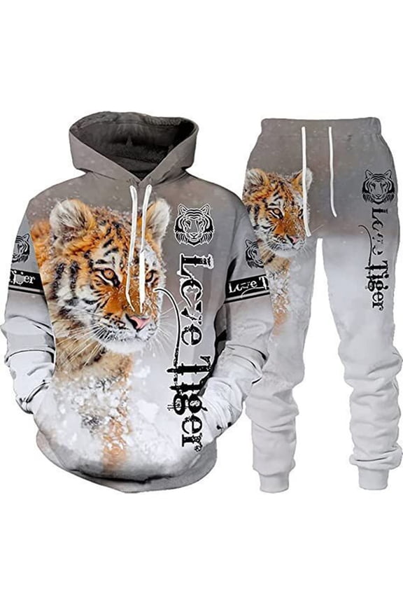 Mens Sweatsuit 2 Piece Sets Casual Men's Jogging Tracksuit Set Tiger Graphic Print Pullover Hoodie Pants Sweat Suit for Men Cozy Fall Winter Athletic Track Suit Outfits