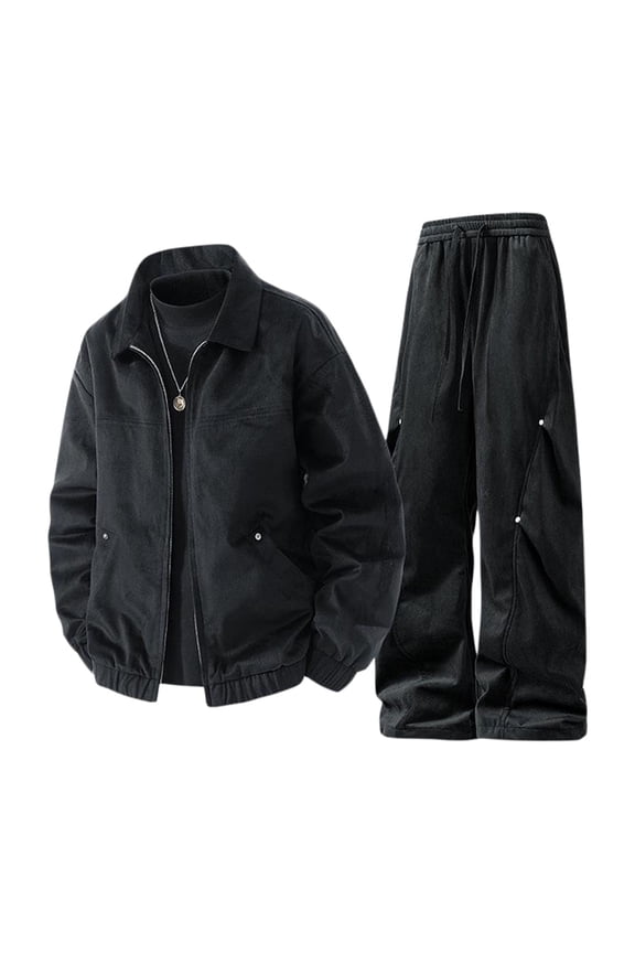 Mens Sweatsuit 2 Piece Sets Fashion Retro Men's Clothing Set Solid Color Suede Leather Jacket Pants 2Pcs Outfit Set for Men Cozy Fall Winter Hippop Clothes
