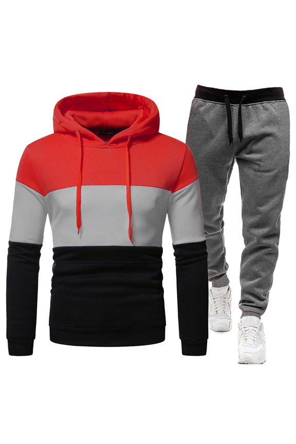 Mens Sweatsuit 2 Piece Sets Mens Jogging Tracksuit Set Patchwork Color Pullover Hoodies Sweatpants Soft Sweat Suit for Men Cozy Fall Winter Track Suit