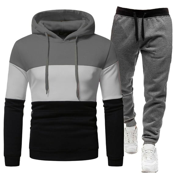 CONZONE Mens Sweatsuit 2 Piece Sets Mens Jogging Tracksuit Set Patchwork Color Pullover Hoodies Sweatpants Soft Sweat Suit for Men Cozy Fall Winter Track Suit