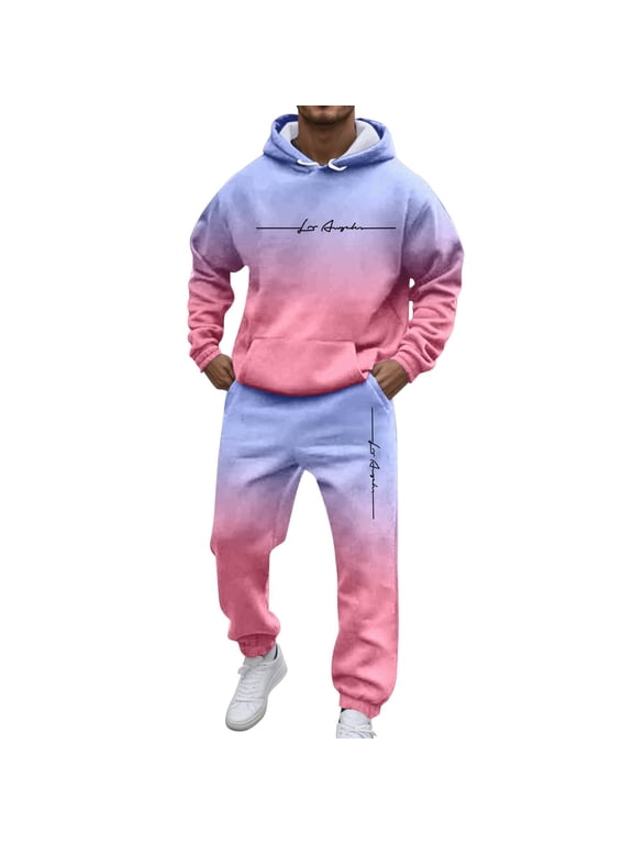 Mens Sweatsuit Set Long Sleeve Letter Graphic Gradient Y2K Hoodies and Sweatpants Tracksuit for Men Cozy Fall Winter 2 Piece Outfits