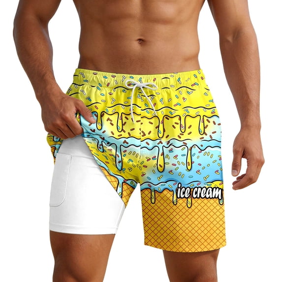 CONZONE Mens Swim Trunks With Mesh Liner Ice Cream Graphic Board Shorts for Men Elastic Waist Drawstring Lightweight Quick Dry Summer Beach Swim Shorts
