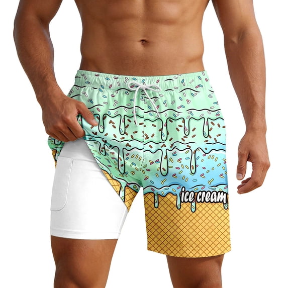 CONZONE Mens Swim Trunks With Mesh Liner Ice Cream Graphic Board Shorts for Men Elastic Waist Drawstring Lightweight Quick Dry Summer Beach Swim Shorts
