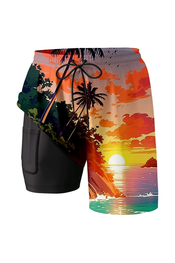 Mens Swim Trunks With Stretch Liner Hawaiian Graphic Board Shorts for Men Elastic Waist Drawstring Lightweight Quick Dry Summer Beach Swim Shorts