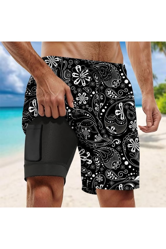 Mens Swim Trunks With Stretch Liner Hawaiian Graphic Y2K Board Shorts for Men Elastic Waist Drawstring Lightweight Quick Dry Summer Beach Swim Shorts With Pocket