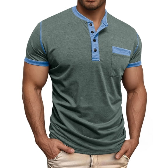 CONZONE Mens T-Shirts Short Sleeve T Shirts for Men Casual Crew Neck Patchwork Color Lightweight Tees Soft Cozy Half Buttons Tops