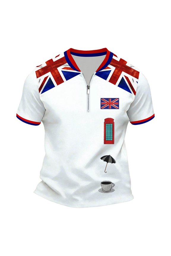 Mens T-Shirts Short Sleeve Zip T Shirts for Men Casual Crew Neck Patriotic British Flag Graphic Lightweight Tees Soft Cozy Athletic Tops