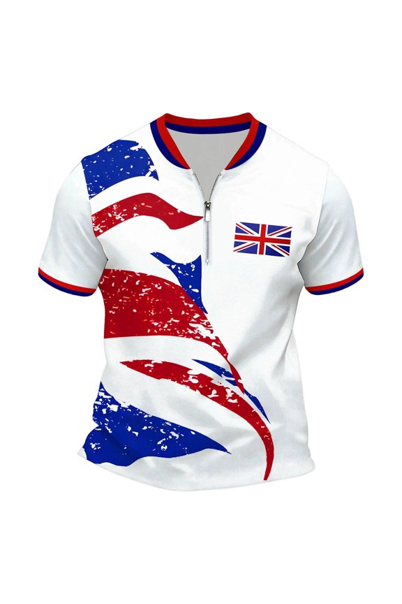 Mens Tshirts Short Sleeve Zip T Shirts for Men Casual Crew Neck Patriotic British Flag Graphic Lightweight Tees Soft Cozy Athletic Tops