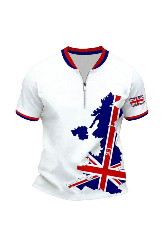 Mens Tshirts Short Sleeve Zip T Shirts for Men Casual Crew Neck Patriotic British Flag Graphic Lightweight Tees Soft Cozy Athletic Tops