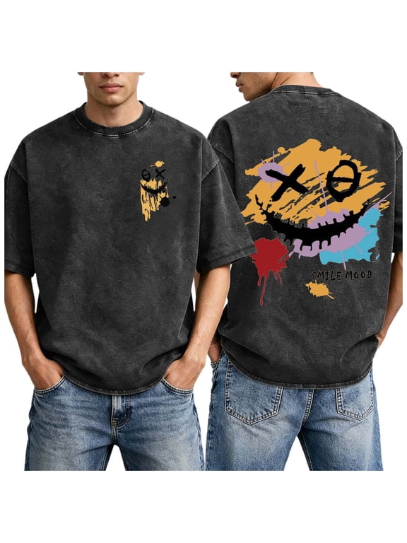 Mens Vintage T-Shirts Short Sleeve Distressed T Shirts for Men Crew Neck Graphic Y2K Streetwear Tee Tops