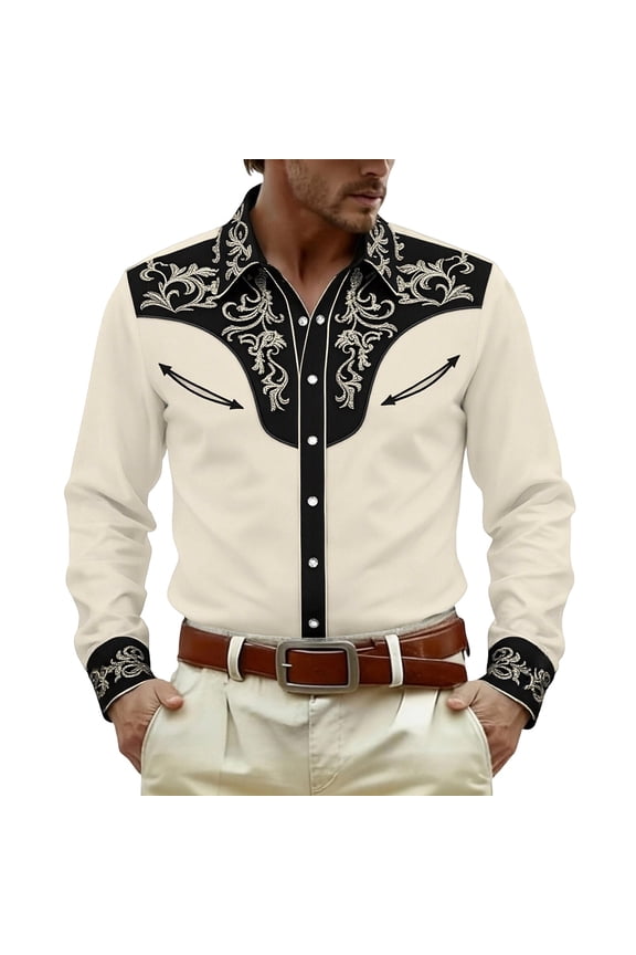Mens Western Cowboy Shirts Long Sleeve Buttons Down Shirts for Men Trendy Embroidered Lapel Soft Lightweight Tops