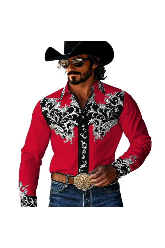 Mens Western Cowboy Shirts Long Sleeve Buttons Down Shirts for Men Trendy Embroidered Lapel Soft Lightweight Tops