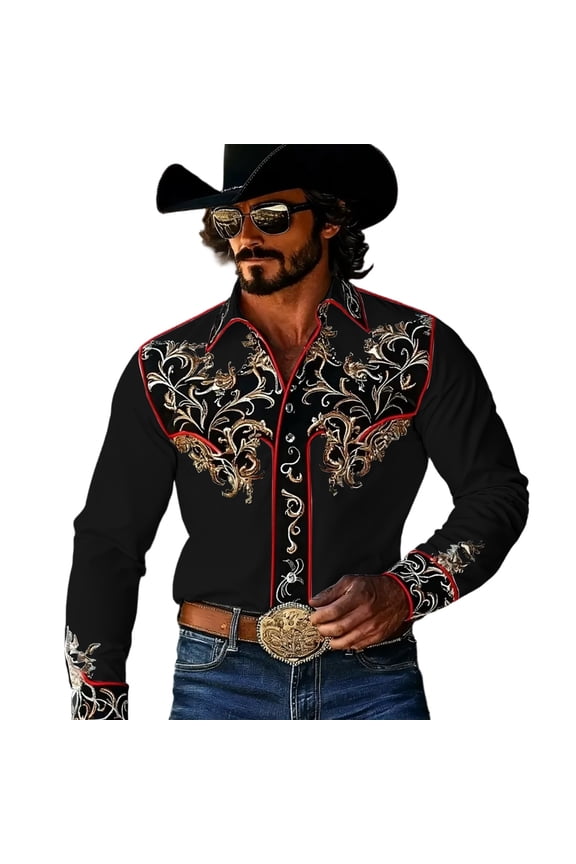 Mens Western Cowboy Shirts Long Sleeve Buttons Down Shirts for Men Trendy Embroidered Lapel Soft Lightweight Tops