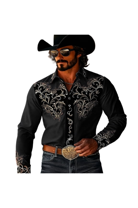 Mens Western Cowboy Shirts Long Sleeve Buttons Down Shirts for Men Trendy Embroidered Lapel Soft Lightweight Tops