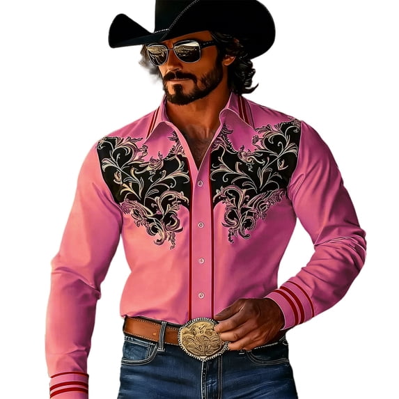 CONZONE Mens Western Cowboy Shirts Long Sleeve Buttons Down Shirts for Men Trendy Embroidered Lapel Soft Lightweight Tops