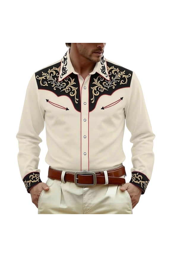 Mens Western Cowboy Shirts Long Sleeve Buttons Down Shirts for Men Trendy Embroidered Lapel Soft Lightweight Tops