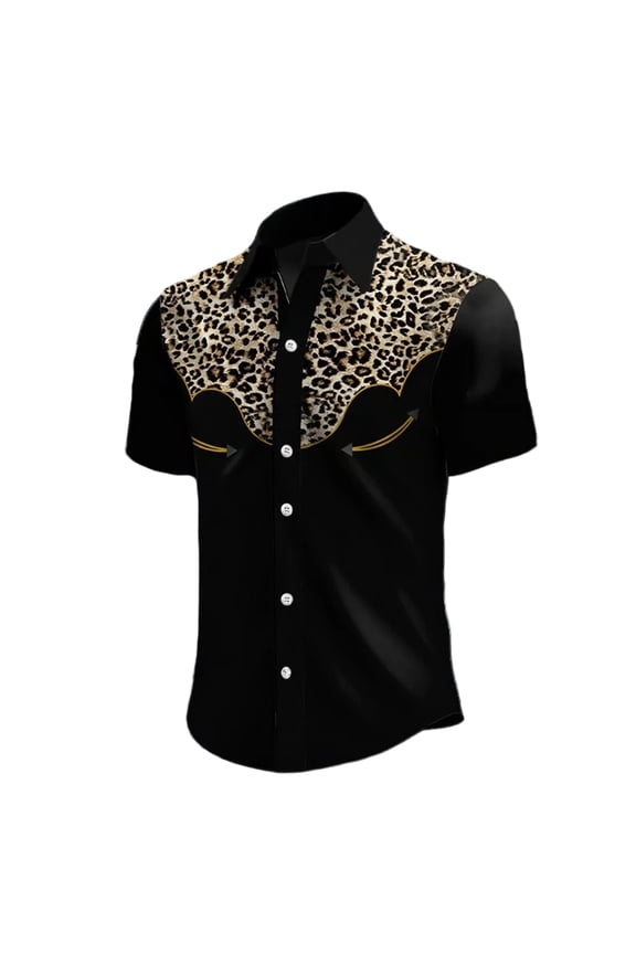 Mens Western Cowboy Shirts Short Sleeve Buttons Down Shirts for Men Trendy Patchwork Leopard Lapel Soft Lightweight Tops