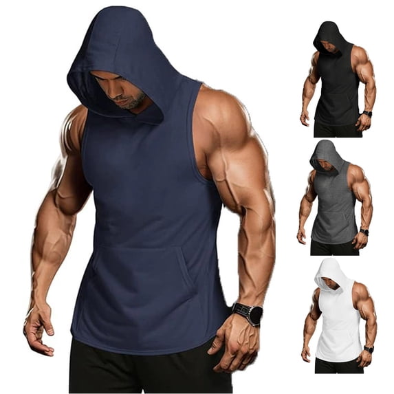 CONZONE Mens Workout Hoodies Sleeveless Hooded Sweatshirts For Men Solid Color Cozy Fall Pullover Mens Hoodies With Pocket