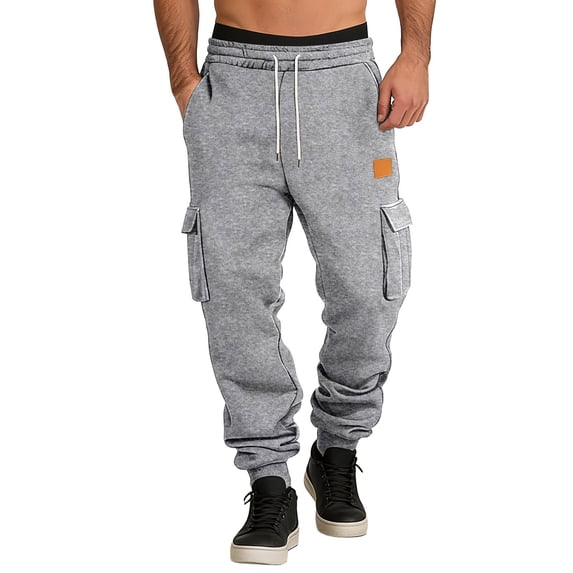 CONZONE Mens Workout Pants Wide Leg Elastic Waist Drawstring Cargo Joggers For Men Relaxed Fit Cozy Fall Winter Sports Trousers With Pockets