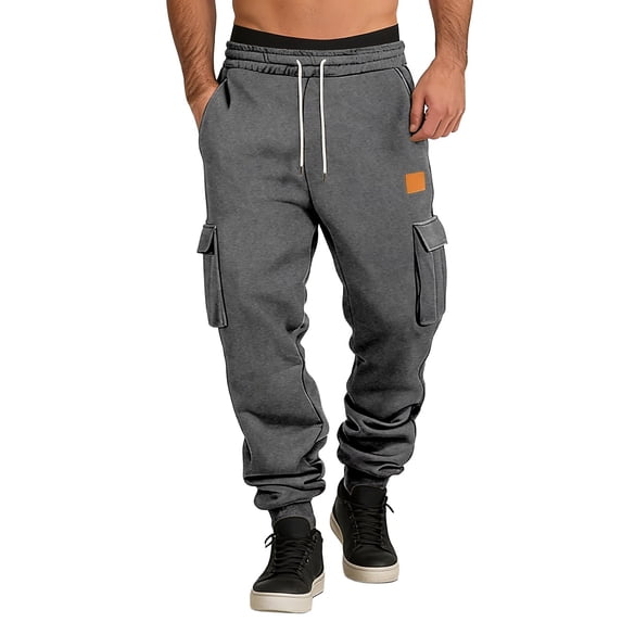 CONZONE Mens Workout Pants Wide Leg Elastic Waist Drawstring Cargo Joggers For Men Relaxed Fit Cozy Fall Winter Sports Trousers With Pockets