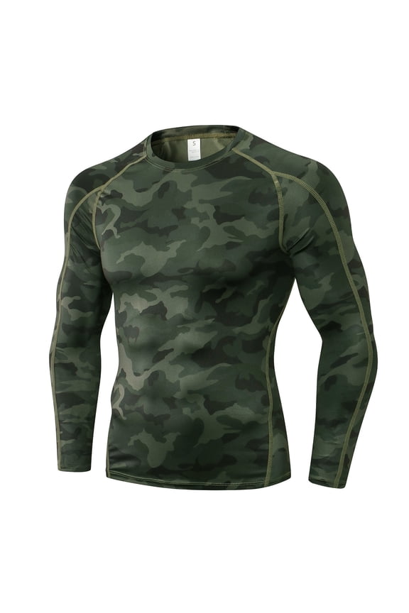 Mens Workout T-Shirts Long Sleeve Gym Fitness T Shirts For Men Crew Neck Camouflage Tight Stretchy Athletic Tee Tops