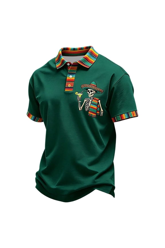 Mexican Men's Cinco De Mayo Polo Shirt Short Sleeve Casual Polo Shirts For Men Skeleton Embroidery Collared Mexico May 5Th Golf Shirts